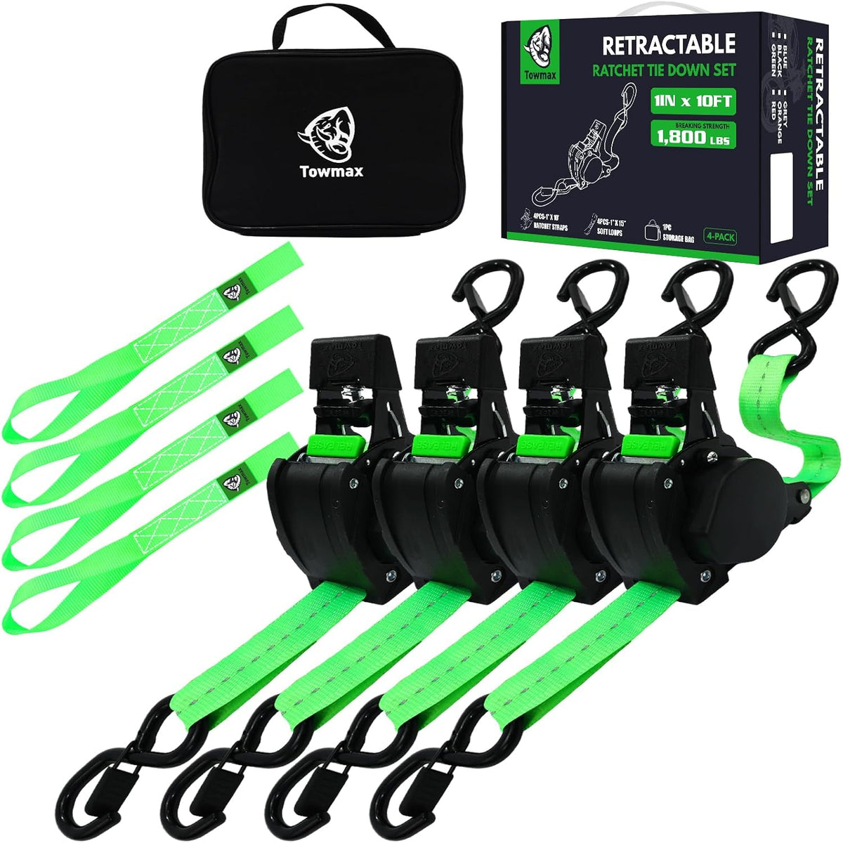 Retractable Ratchet Straps | 1in x 10ft Self Retracting Tie Down Straps with Soft Loops | 1800 lbs Break Strength for Motorcycle, Cargo, Truck, Trailer