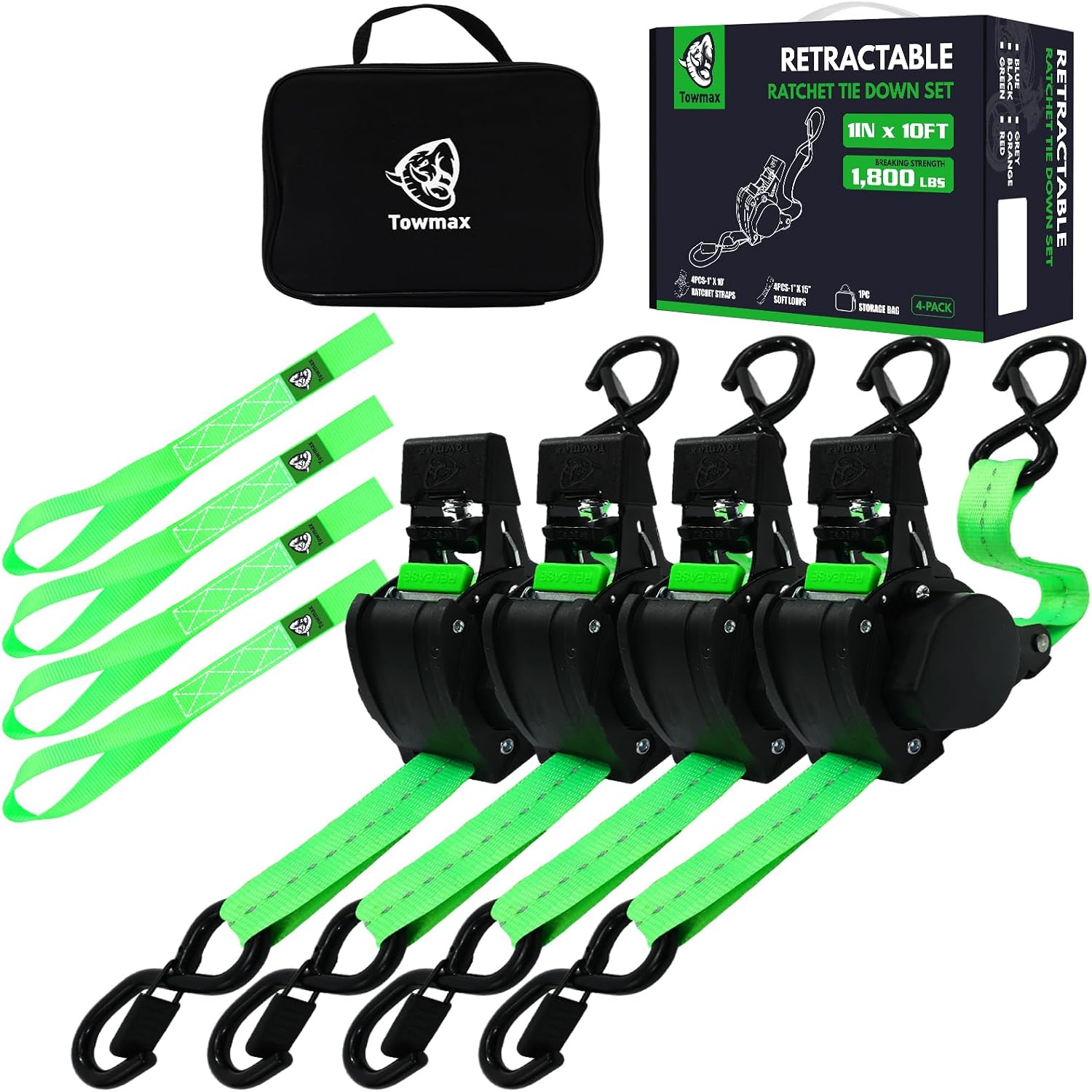 Retractable Ratchet Straps | 1in x 10ft Self Retracting Tie Down Straps with Soft Loops | 1800 lbs Break Strength for Motorcycle, Cargo, Truck, Trailer
