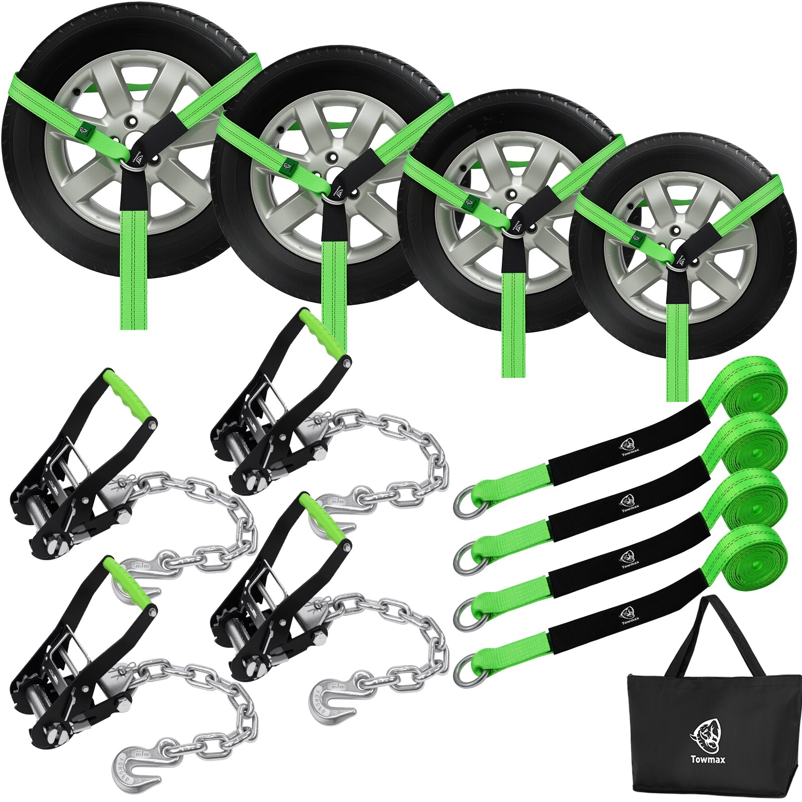 Car Tie Down Straps 4 Pack – 2" x 8' Heavy Duty Tire Straps with Chain Anchors , 10,000 lb Break Strength