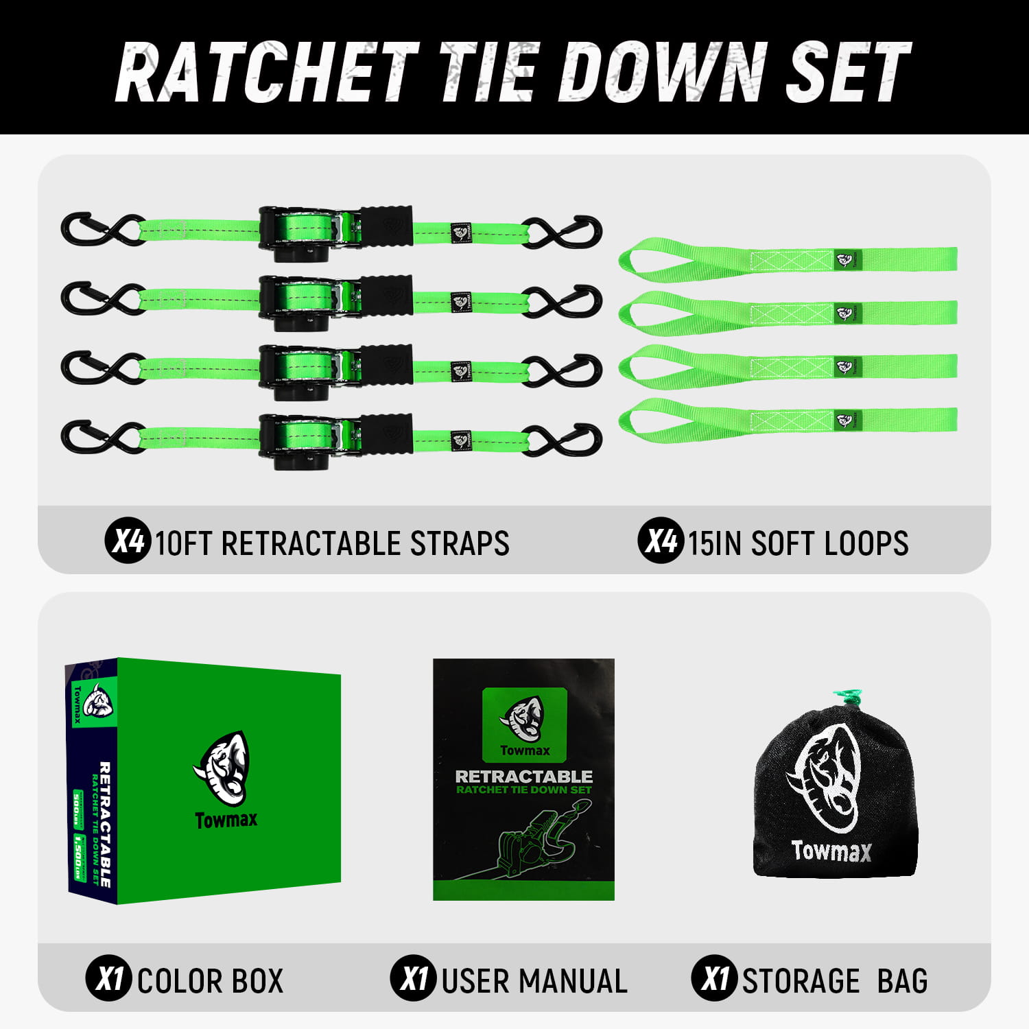 Retractable Ratchet Straps 4 Pack | 1in x 10ft Self Retracting Tie Down Straps with Soft Loops | 1500 lbs Break Strength for Motorcycle, Cargo, Truck, Trailer