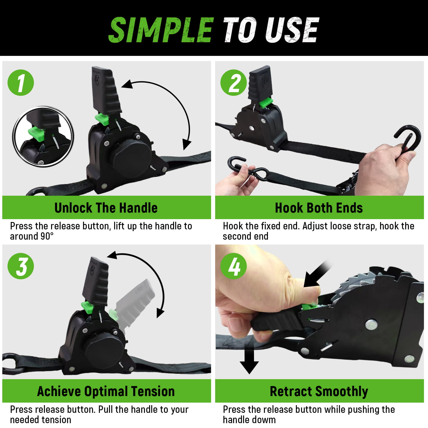Retractable Ratchet Straps 4 Pack | 1in x 10ft Self Retracting Tie Down Straps with Soft Loops | 1500 lbs Break Strength for Motorcycle, Cargo, Truck, Trailer