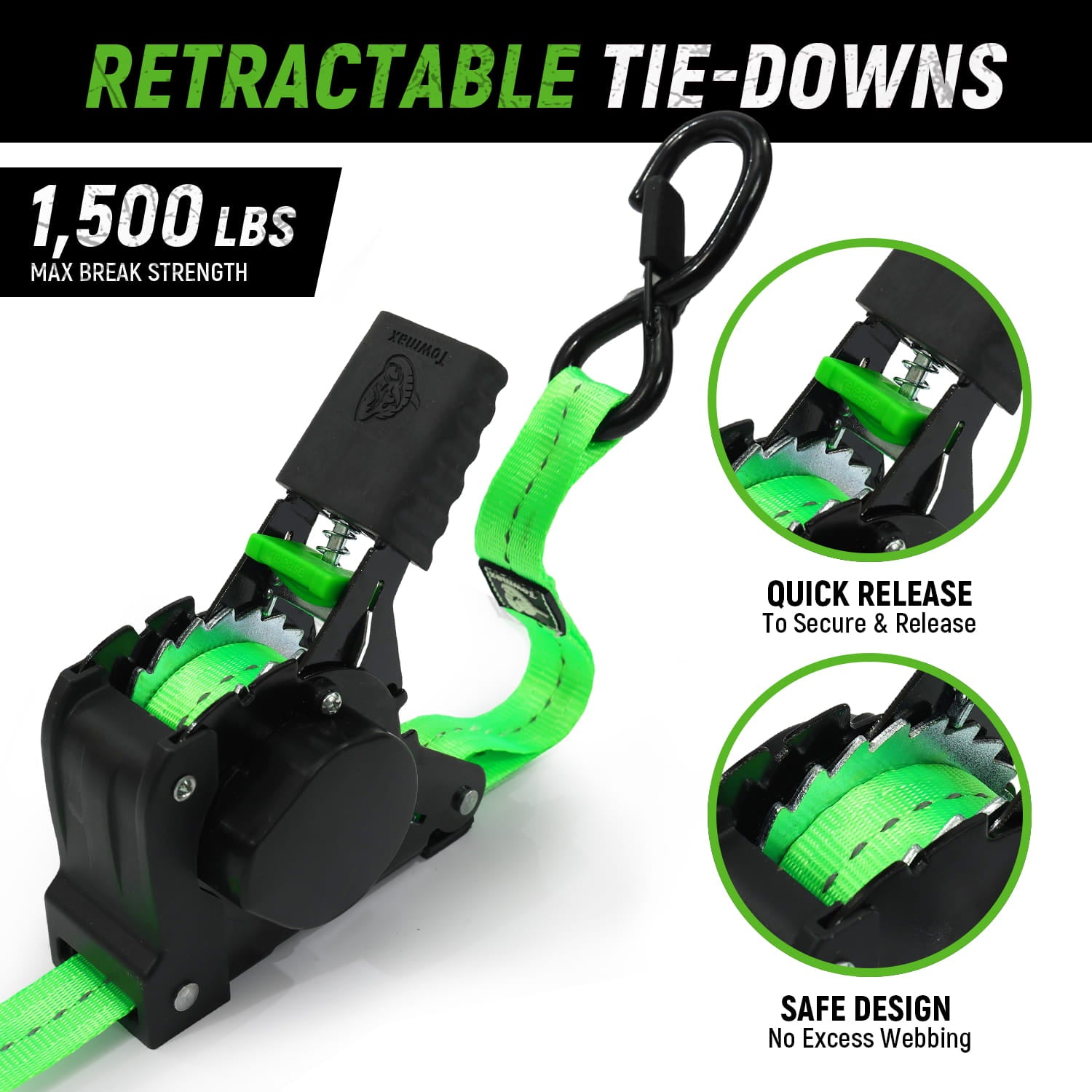 Retractable Ratchet Straps 4 Pack | 1in x 10ft Self Retracting Tie Down Straps with Soft Loops | 1500 lbs Break Strength for Motorcycle, Cargo, Truck, Trailer