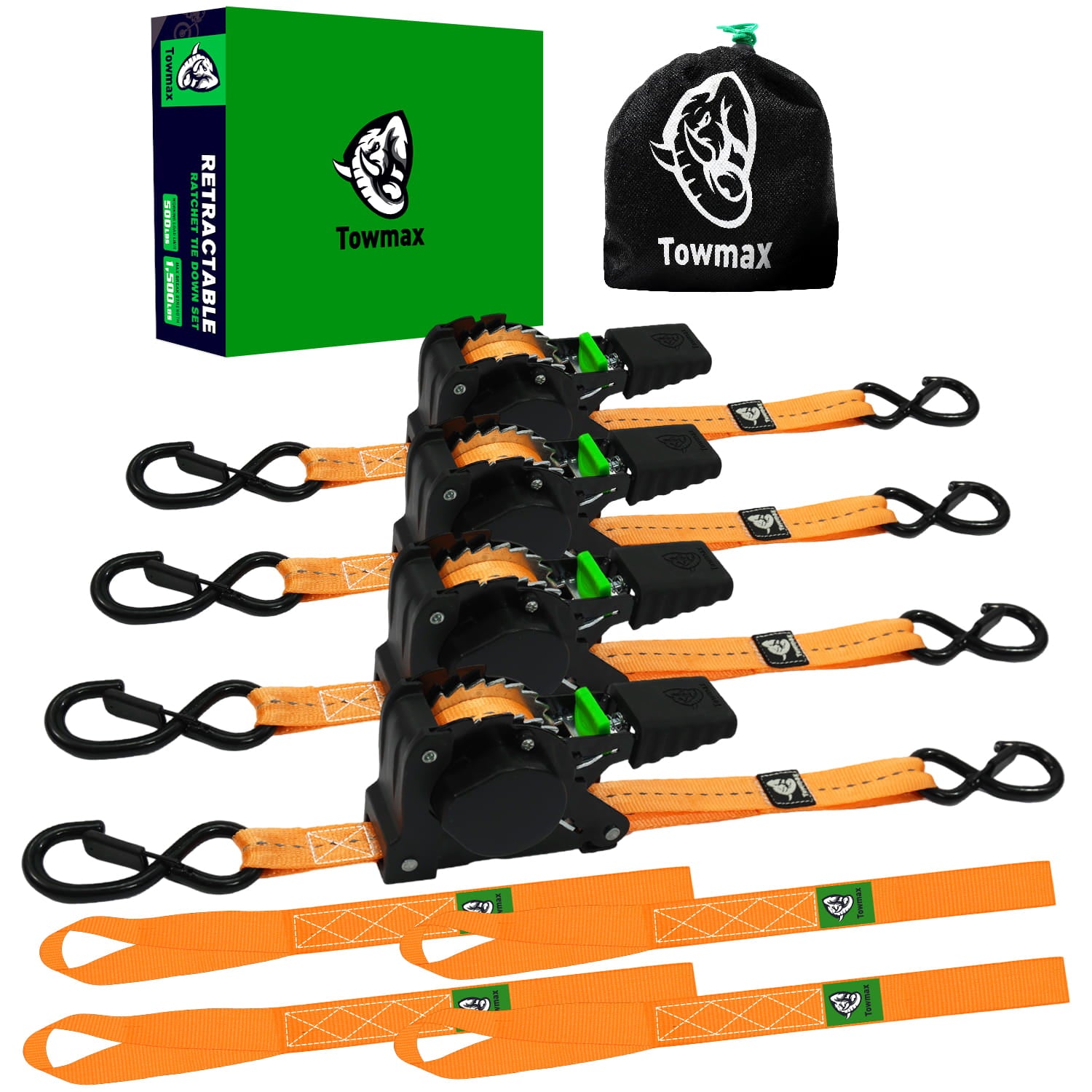 Retractable Ratchet Straps 4 Pack | 1in x 10ft Self Retracting Tie Down Straps with Soft Loops | 1500 lbs Break Strength for Motorcycle, Cargo, Truck, Trailer
