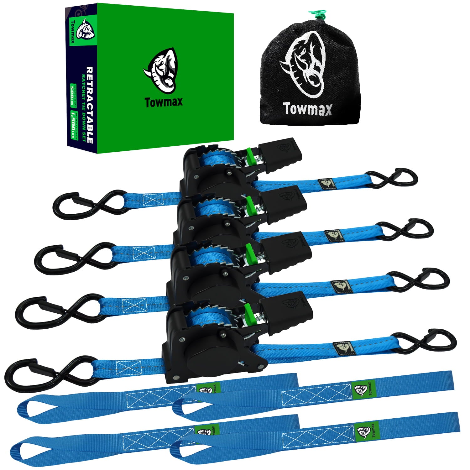 Retractable Ratchet Straps 4 Pack | 1in x 10ft Self Retracting Tie Down Straps with Soft Loops | 1500 lbs Break Strength for Motorcycle, Cargo, Truck, Trailer