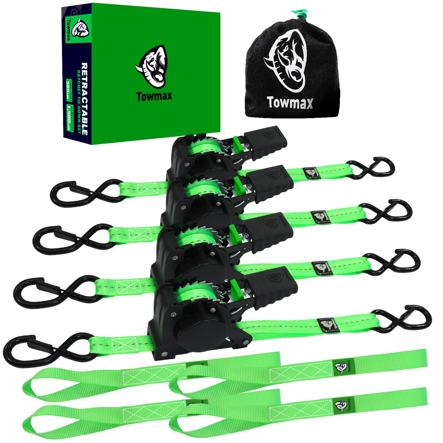 Retractable Ratchet Straps 4 Pack | 1in x 10ft Self Retracting Tie Down Straps with Soft Loops | 1500 lbs Break Strength for Motorcycle, Cargo, Truck, Trailer