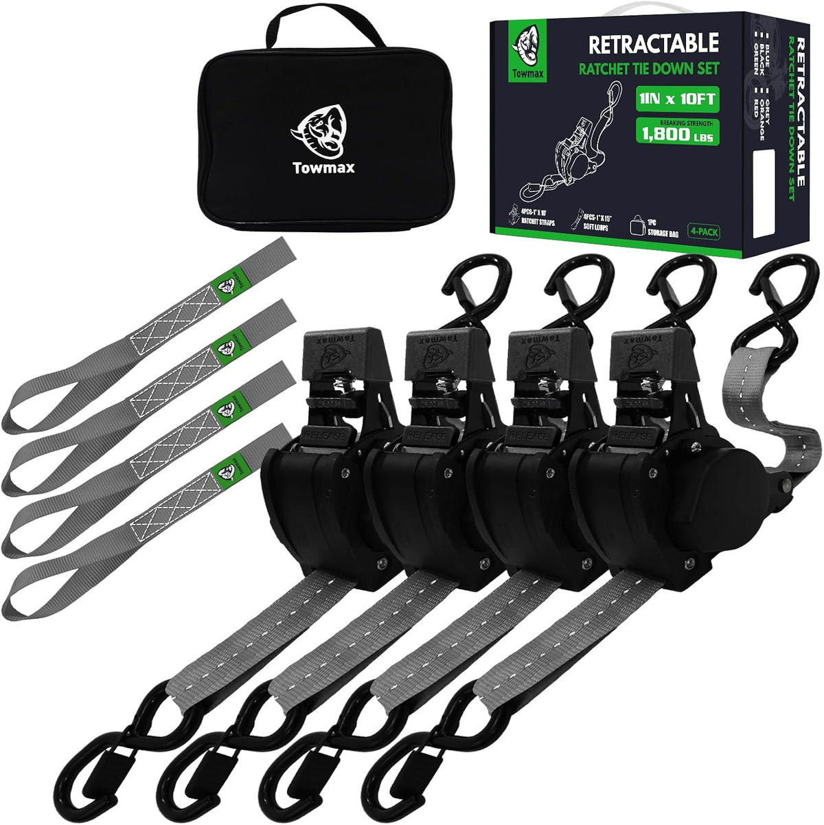 Retractable Ratchet Straps | 1in x 10ft Self Retracting Tie Down Straps with Soft Loops | 1800 lbs Break Strength for Motorcycle, Cargo, Truck, Trailer