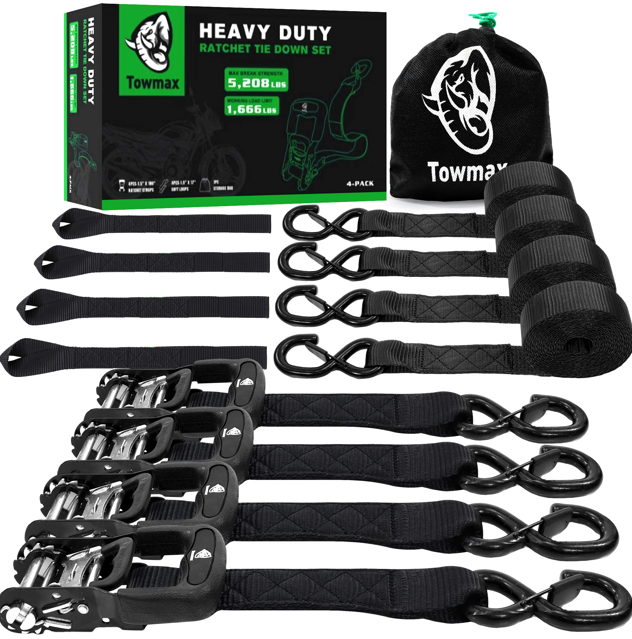 4 Pack Ratchet Tie Down Straps – 1" x 15ft Heavy Duty Cargo Straps with 2100 lb Break Strength & 15" Soft Loops for Motorcycle, Truck & Trailer