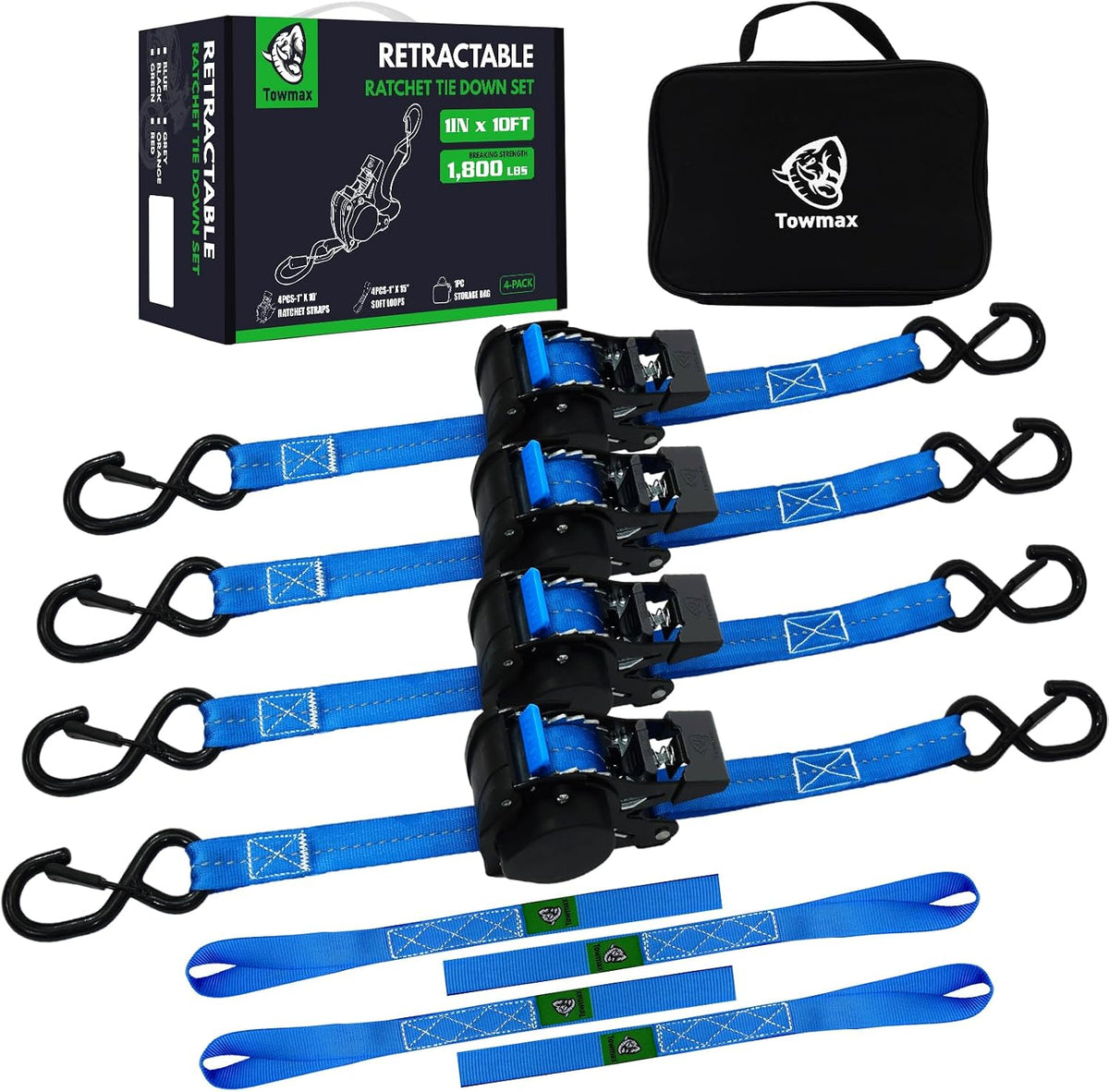 Retractable Ratchet Straps | 1in x 10ft Self Retracting Tie Down Straps with Soft Loops | 1800 lbs Break Strength for Motorcycle, Cargo, Truck, Trailer