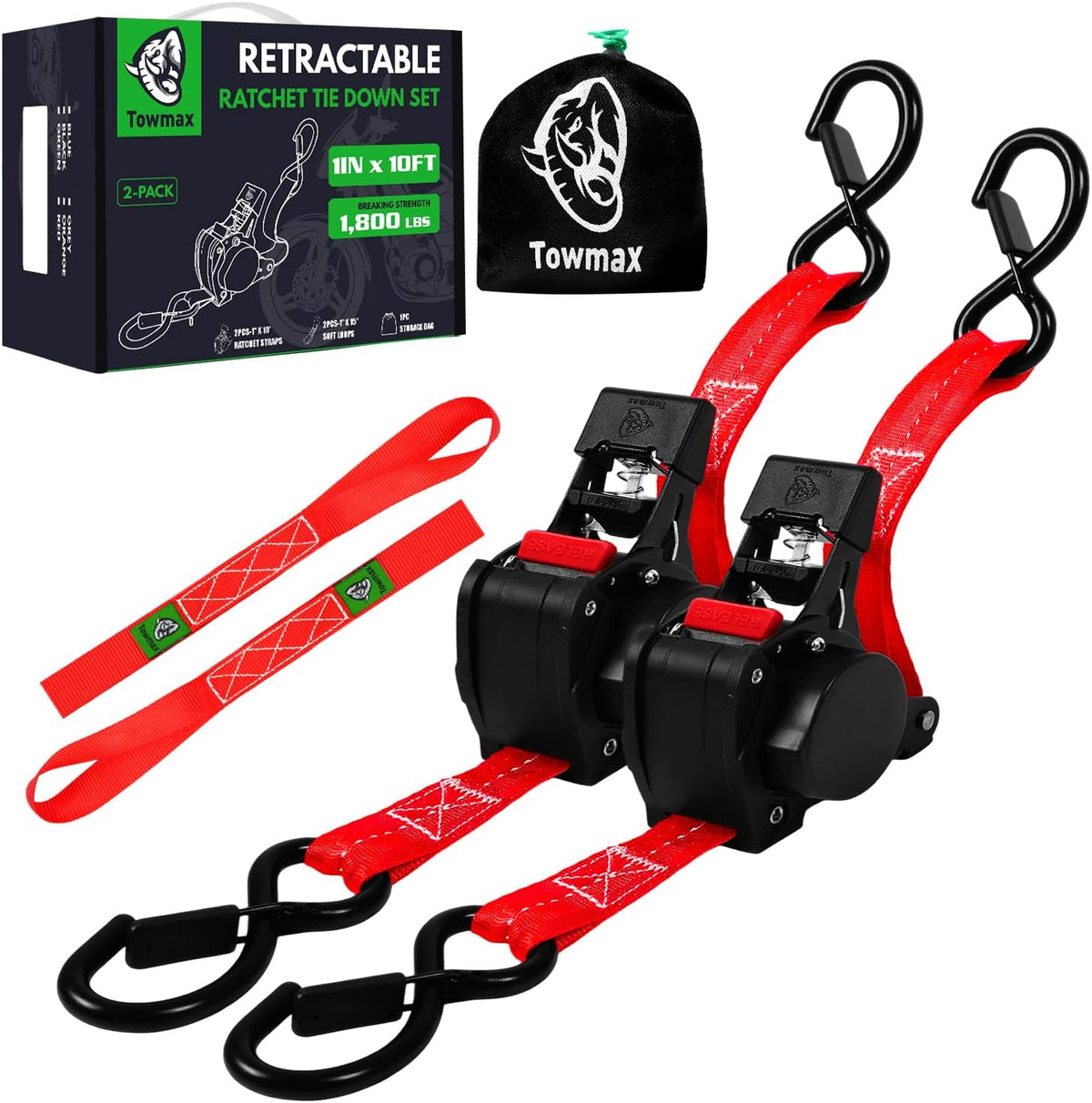Retractable Ratchet Straps | 1in x 10ft Self Retracting Tie Down Straps with Soft Loops | 1800 lbs Break Strength for Motorcycle, Cargo, Truck, Trailer