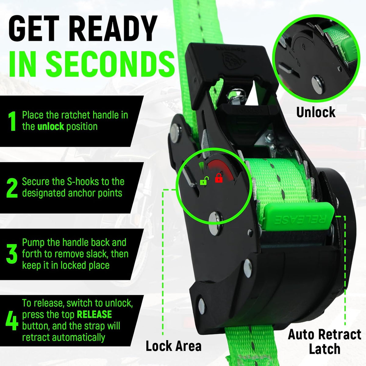 Retractable Ratchet Straps | 1in x 10ft Self Retracting Tie Down Straps with Soft Loops | 1800 lbs Break Strength for Motorcycle, Cargo, Truck, Trailer