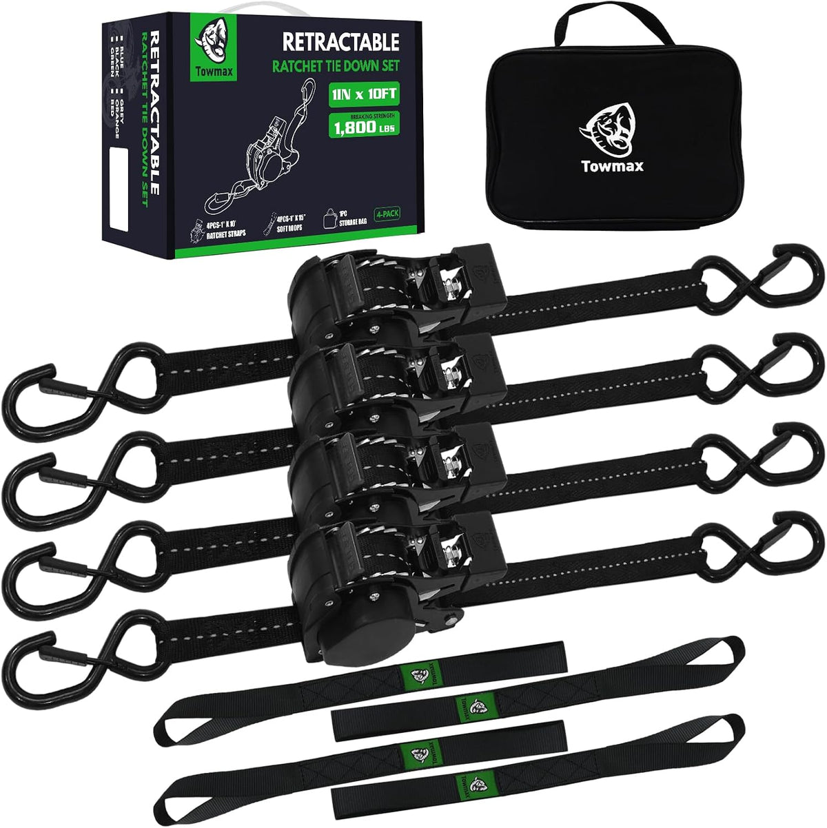 Retractable Ratchet Straps | 1in x 10ft Self Retracting Tie Down Straps with Soft Loops | 1800 lbs Break Strength for Motorcycle, Cargo, Truck, Trailer