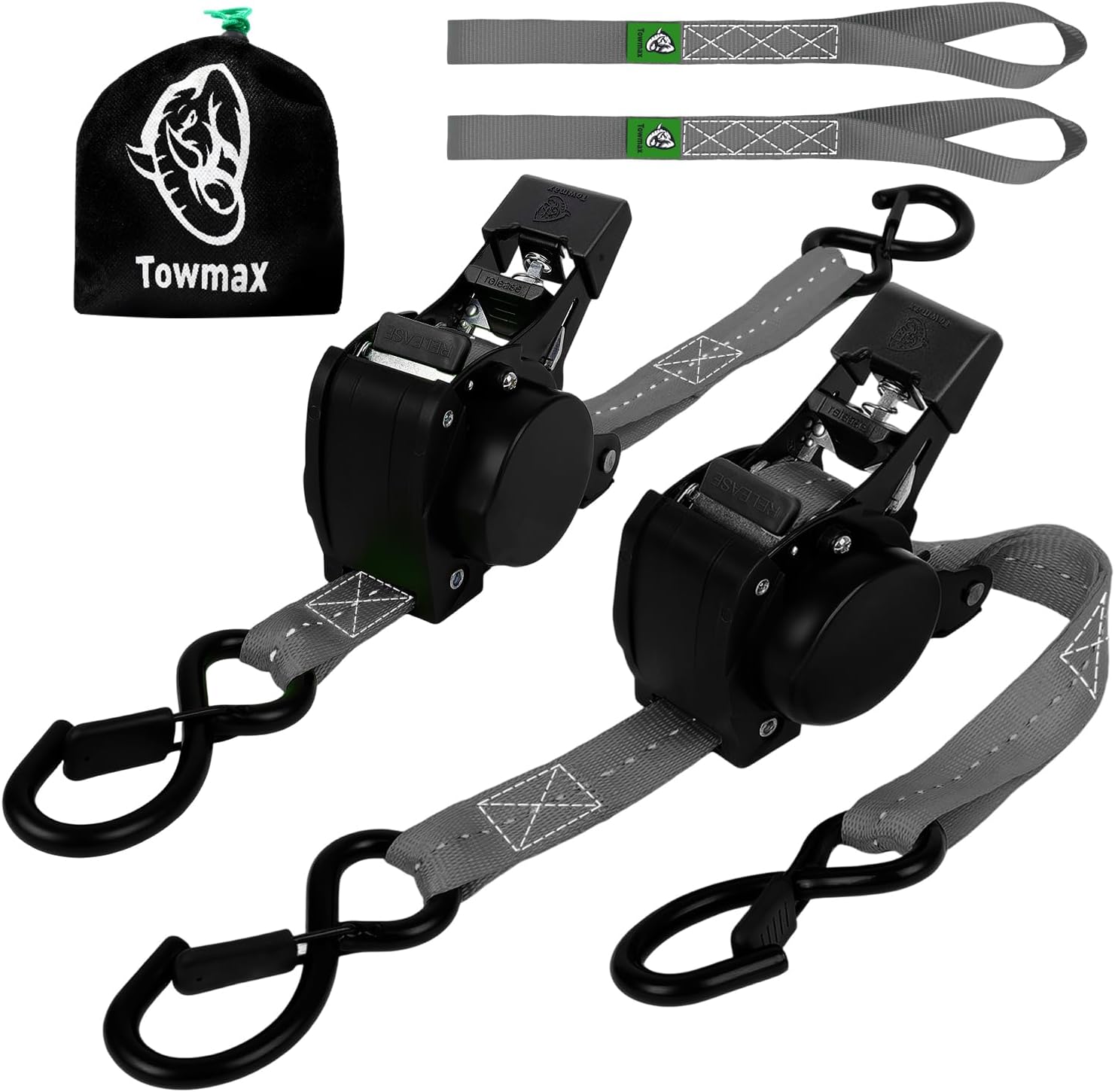 Retractable Ratchet Straps | 1in x 10ft Self Retracting Tie Down Straps with Soft Loops | 1800 lbs Break Strength for Motorcycle, Cargo, Truck, Trailer