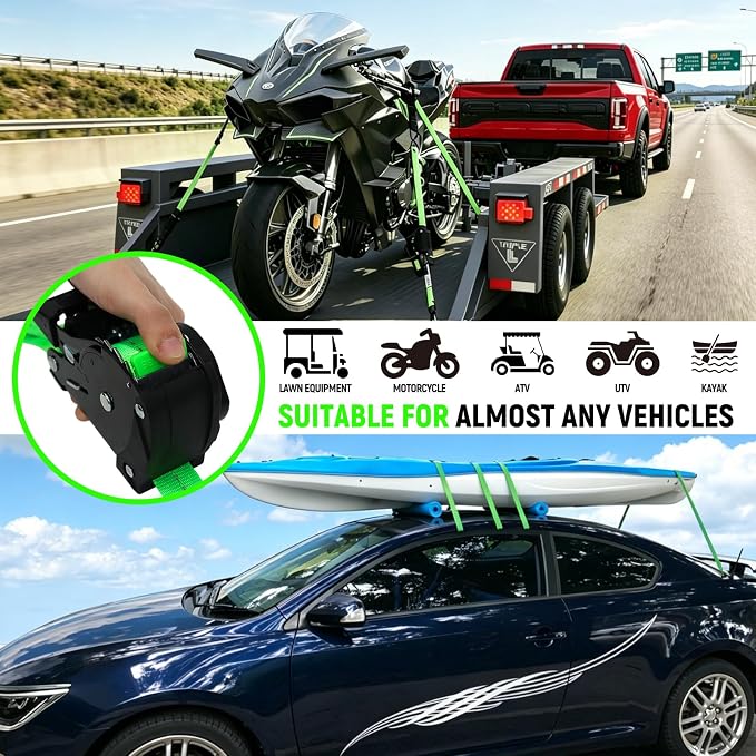 Retractable Ratchet Straps | 1in x 10ft Self Retracting Tie Down Straps with Soft Loops | 1800 lbs Break Strength for Motorcycle, Cargo, Truck, Trailer