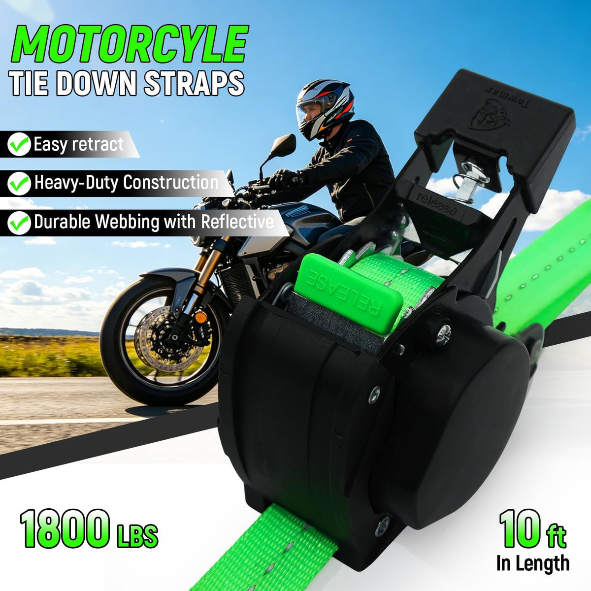 Retractable Ratchet Straps | 1in x 10ft Self Retracting Tie Down Straps with Soft Loops | 1800 lbs Break Strength for Motorcycle, Cargo, Truck, Trailer