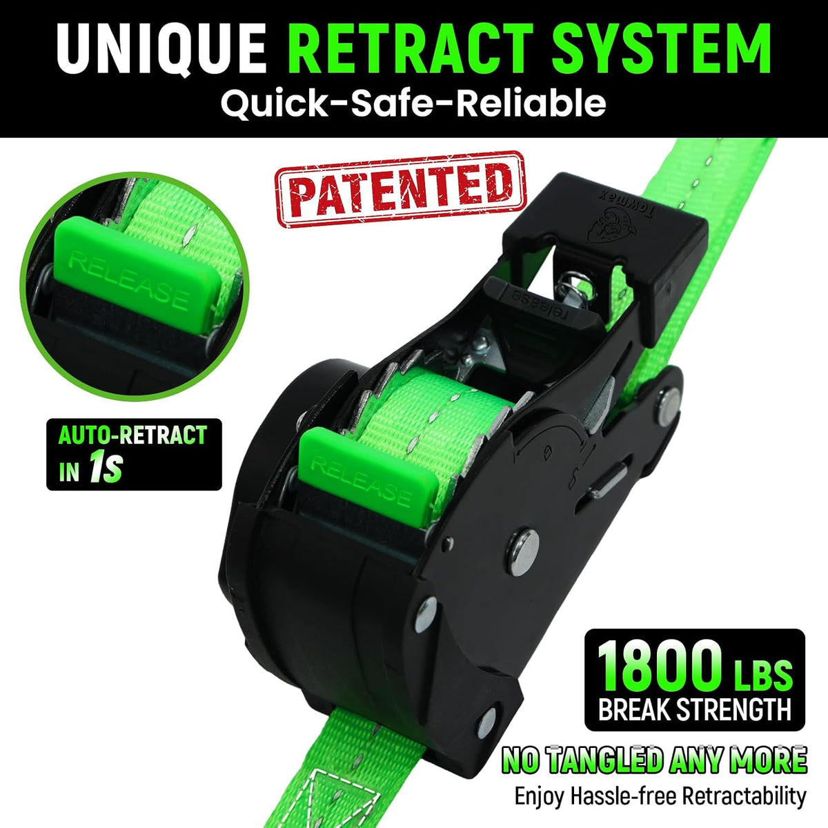 Retractable Ratchet Straps | 1in x 10ft Self Retracting Tie Down Straps with Soft Loops | 1800 lbs Break Strength for Motorcycle, Cargo, Truck, Trailer