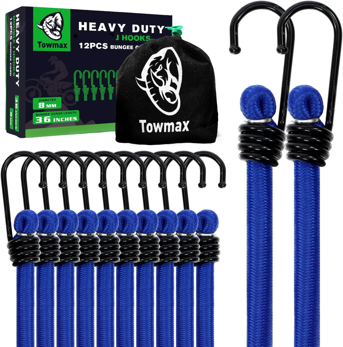 Heavy Duty Bungee Cord with Hooks 12 Pack | Industrial Grade Blue Bungee Cords for Outdoor Camping, Kayaking & Cargo Fastening