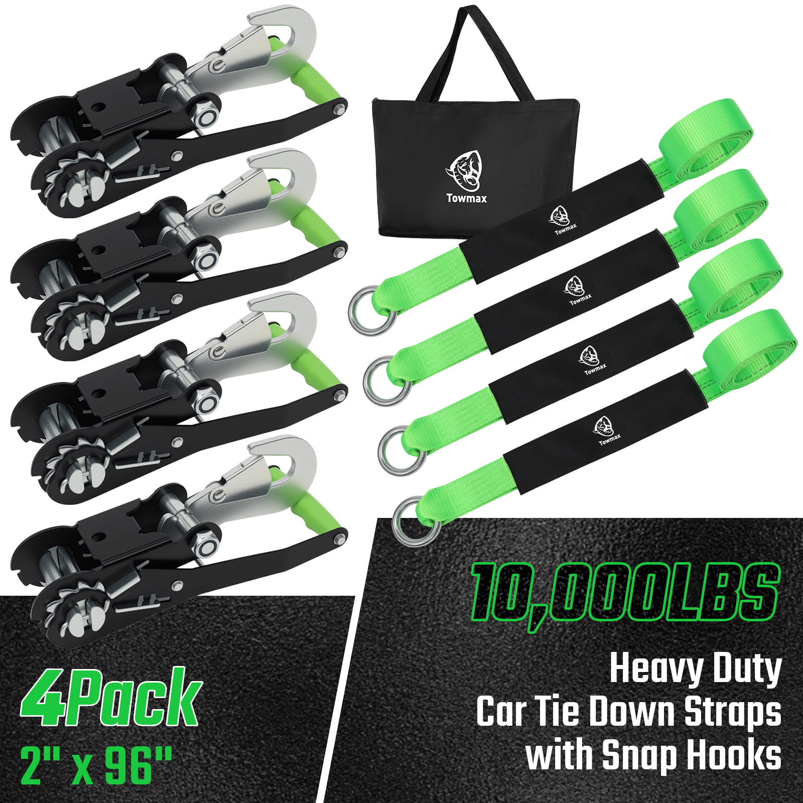 Car Tie Down Straps 4 Pack –2" x 8' Heavy Duty Tire Straps with Snap Hooks , 10,000 lb Break Strength , 10,000 lb Break Strength