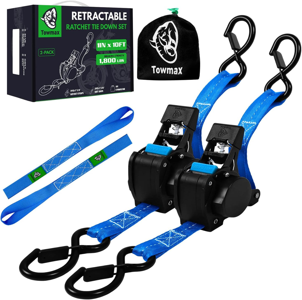 Retractable Ratchet Straps | 1in x 10ft Self Retracting Tie Down Straps with Soft Loops | 1800 lbs Break Strength for Motorcycle, Cargo, Truck, Trailer