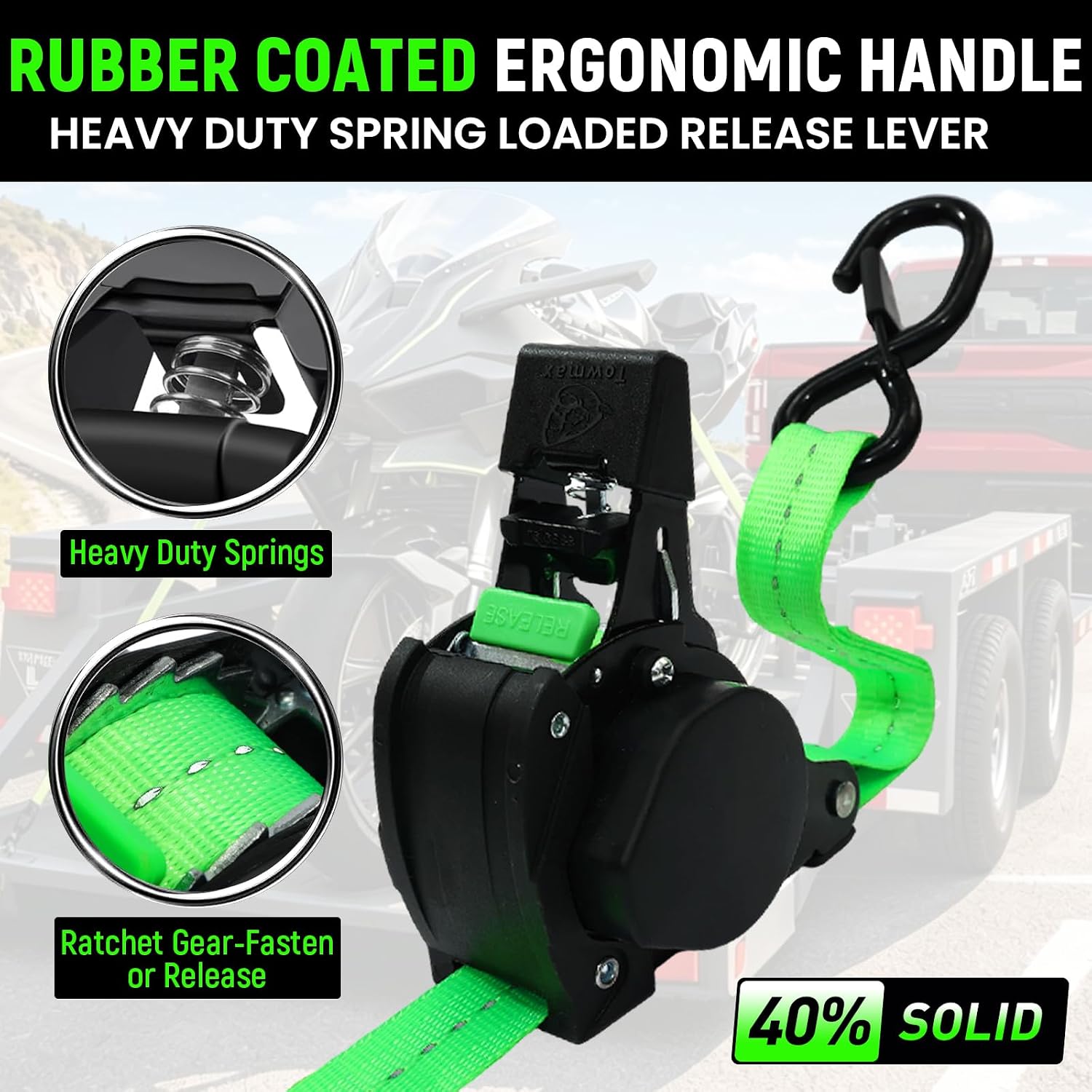 Retractable Ratchet Straps | 1in x 10ft Self Retracting Tie Down Straps with Soft Loops | 1800 lbs Break Strength for Motorcycle, Cargo, Truck, Trailer