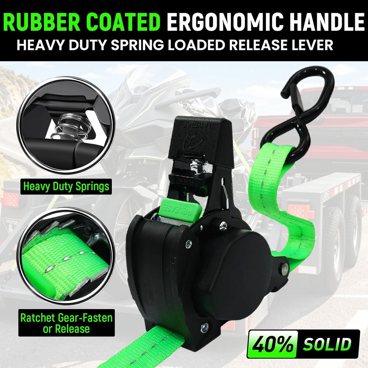 Retractable Ratchet Straps | 1in x 10ft Self Retracting Tie Down Straps with Soft Loops | 1800 lbs Break Strength for Motorcycle, Cargo, Truck, Trailer
