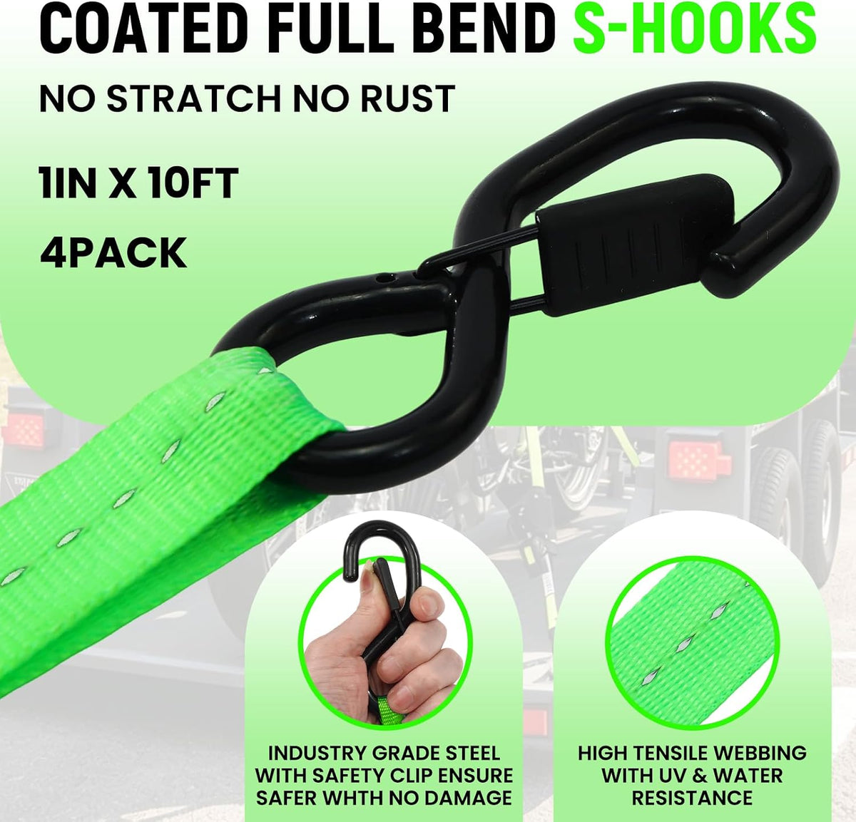 Retractable Ratchet Straps | 1in x 10ft Self Retracting Tie Down Straps with Soft Loops | 1800 lbs Break Strength for Motorcycle, Cargo, Truck, Trailer