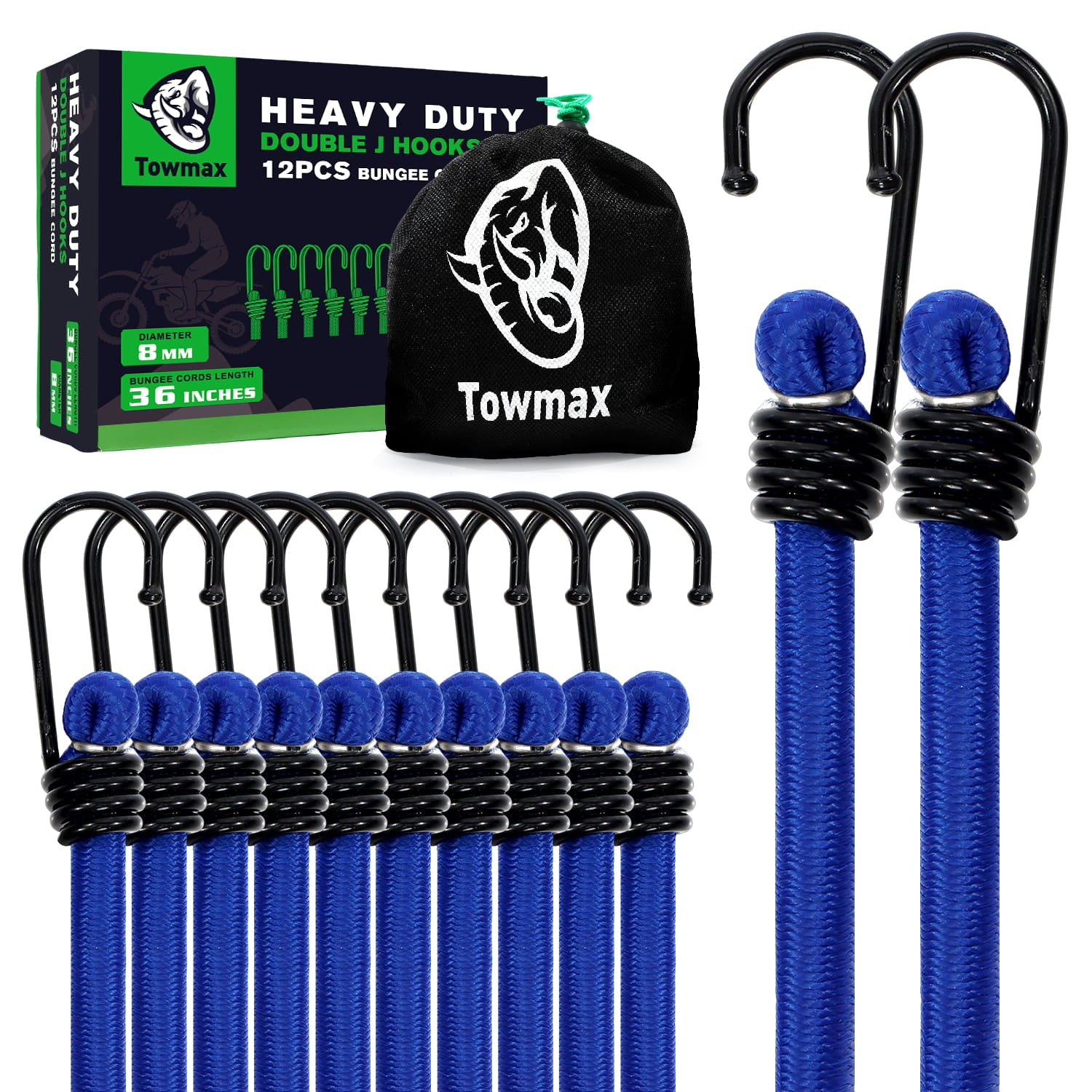 Heavy Duty Bungee Cord with Hooks 12 Pack | Industrial Grade Blue Bungee Cords for Outdoor Camping, Kayaking & Cargo Fastening