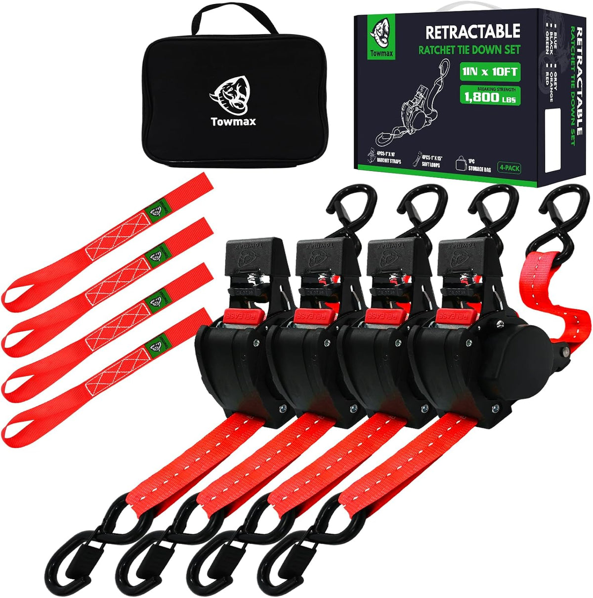 Retractable Ratchet Straps | 1in x 10ft Self Retracting Tie Down Straps with Soft Loops | 1800 lbs Break Strength for Motorcycle, Cargo, Truck, Trailer