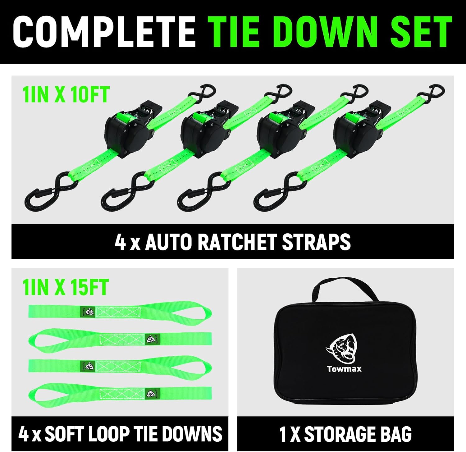 Retractable Ratchet Straps | 1in x 10ft Self Retracting Tie Down Straps with Soft Loops | 1800 lbs Break Strength for Motorcycle, Cargo, Truck, Trailer